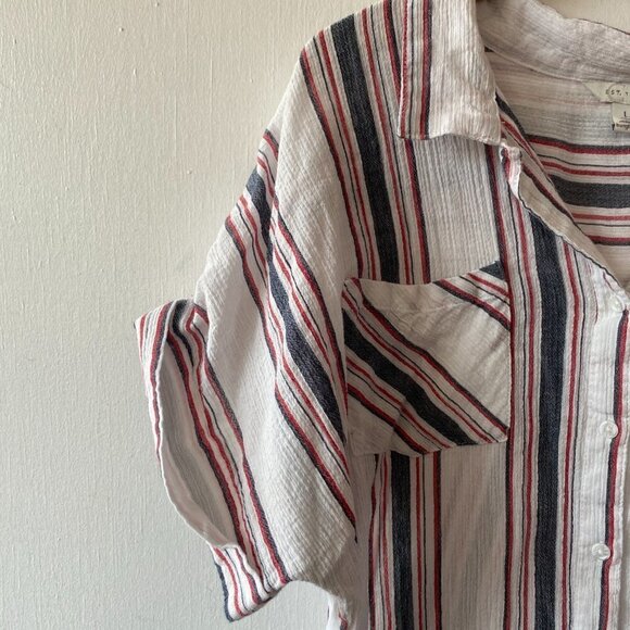 Cest 1946 Blouse Womens Large Striped Button Front Collared Hi Lo Hem Pleated - Picture 4 of 9